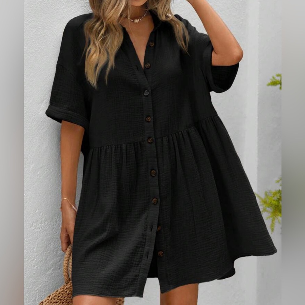 NWT WOMEN'S LOOSE FIT SHIRT DRESS WITH RUFFLE HEM- BLACK- XSMALL (2)